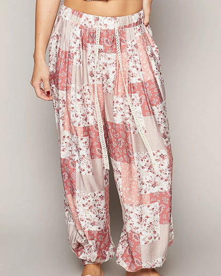 POL Drawstring Floral Patchwork Wide leg Pants - Sleekdenim.com