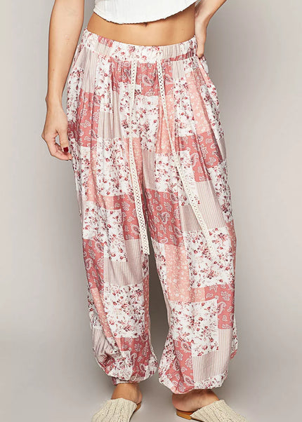 POL Drawstring Floral Patchwork Wide leg Pants - Sleekdenim.com