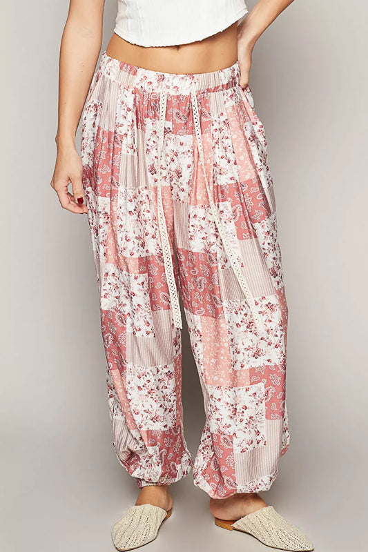 POL Drawstring Floral Patchwork Wide leg Pants - Sleekdenim.com