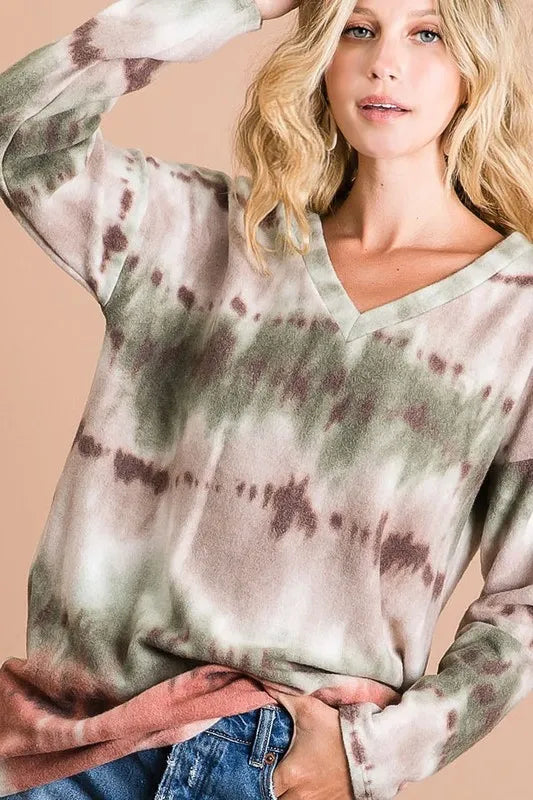 BiBi Brushed Tie Dye Looking Print V Neck Top - Sleekdenim.com