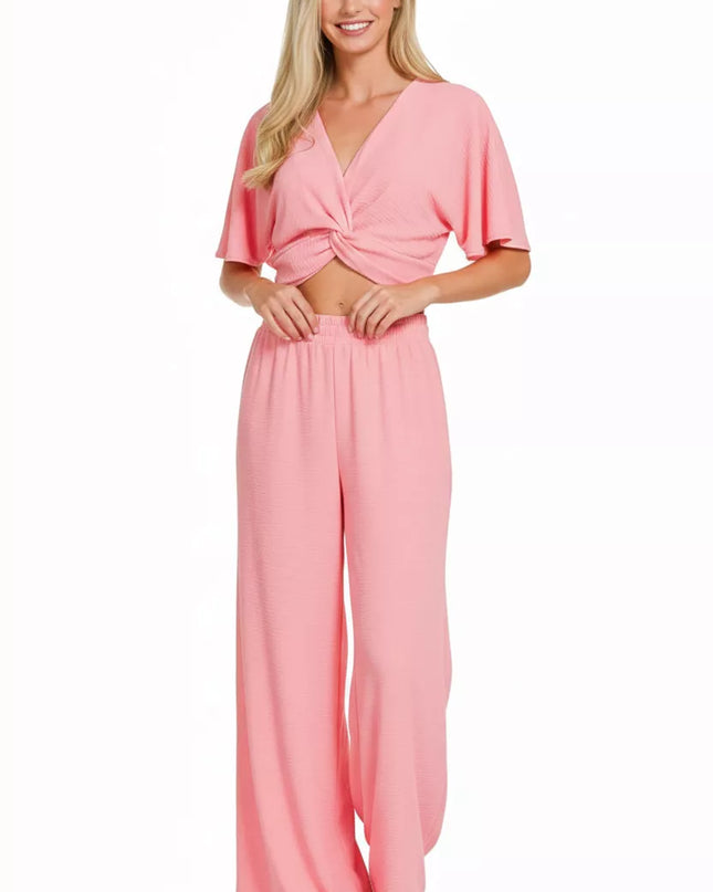 Zenana Woven Airflow Twisted Top & Wide Leg Pants Set - Sleekdenim.com