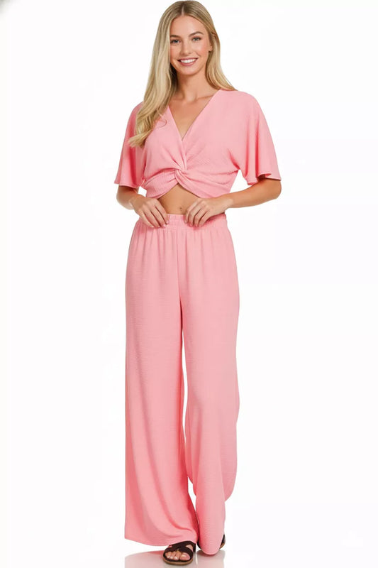 Zenana Woven Airflow Twisted Top & Wide Leg Pants Set - Sleekdenim.com