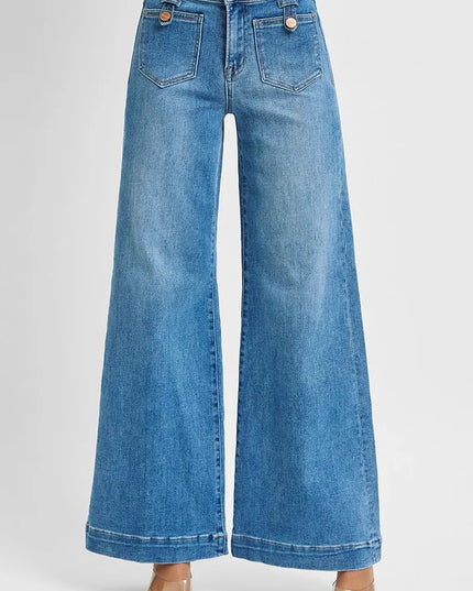 RISEN Full Size Mid Rise Wide Front Patch Pocket Jeans Plus Size - Sleekdenim.com