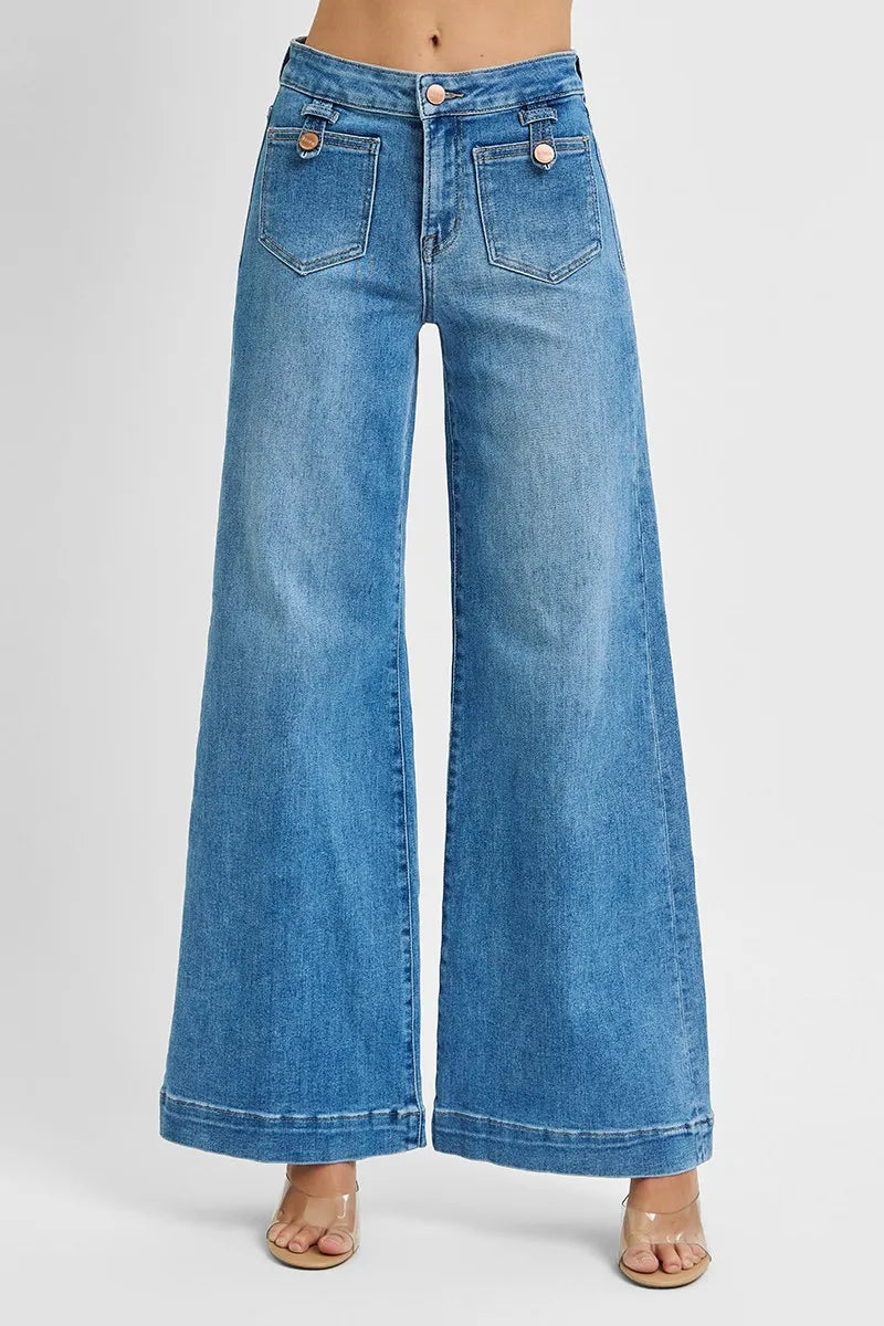 RISEN Full Size Mid Rise Wide Front Patch Pocket Jeans Plus Size - Sleekdenim.com