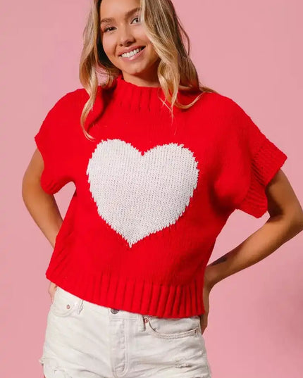 BiBi Rib Banded Heart Pattern Valentines Sweater - Sleekdenim.com