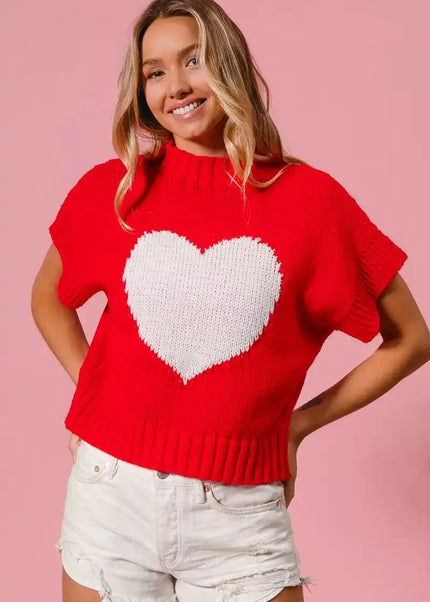 BiBi Rib Banded Heart Pattern Valentines Sweater - Sleekdenim.com