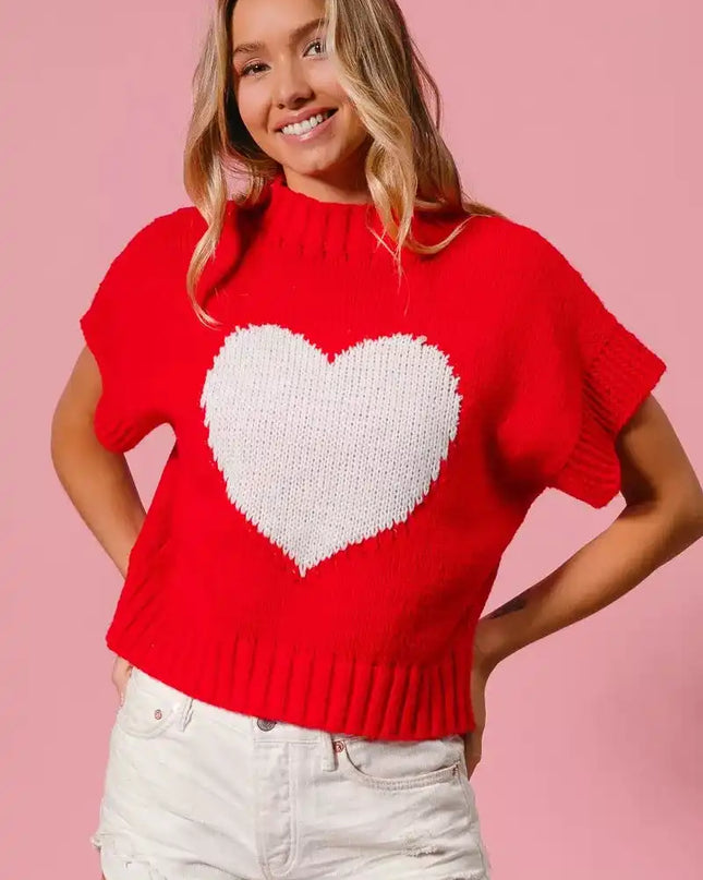 BiBi Rib Banded Heart Pattern Valentines Sweater - Sleekdenim.com