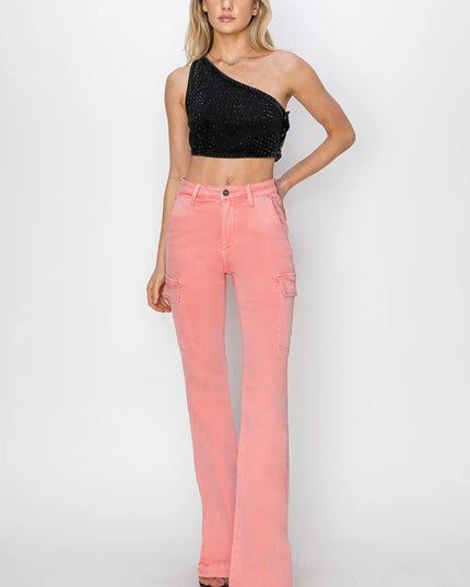 RISEN Full Size High Rise Side Slit Cargo Bootcut Jeans - Sleekdenim.com