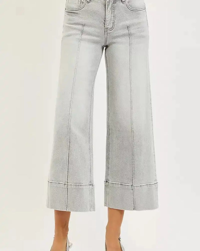 RISEN Tummy Control Mid Rise Crop Wide Pintuck Front Jeans - Sleekdenim.com