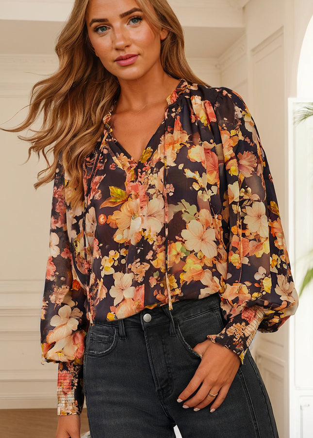 Black Floral V Neck Long Puff Sleeve Breezy Blouse - Sleekdenim.com