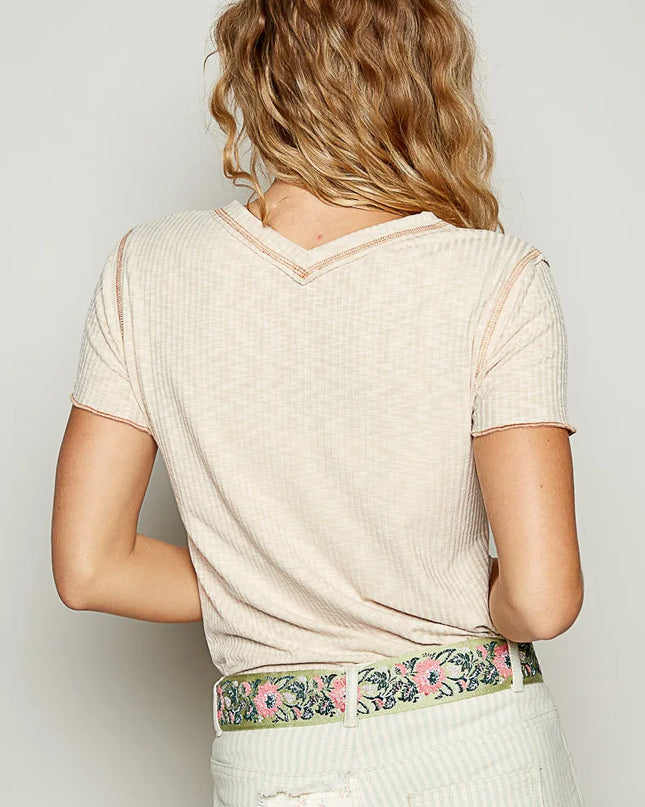 POL V-Neck Short Sleeve Ribbed T-Shirt with Contrast Overlock Stitching - Sleekdenim.com
