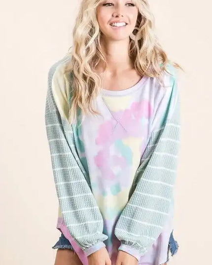 BiBi Tie Dye Terry Top with Wide Stripe Thermal Waffle - Sleekdenim.com