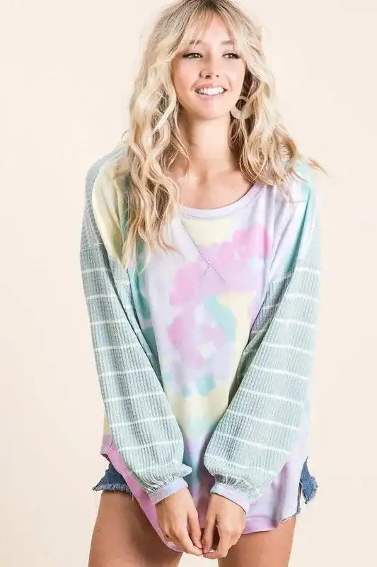 BiBi Tie Dye Terry Top with Wide Stripe Thermal Waffle - Sleekdenim.com