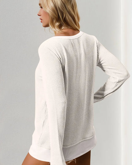Double Take Corded Rib Thumbhole Cuff Round Neck T-Shirt - Sleekdenim.com