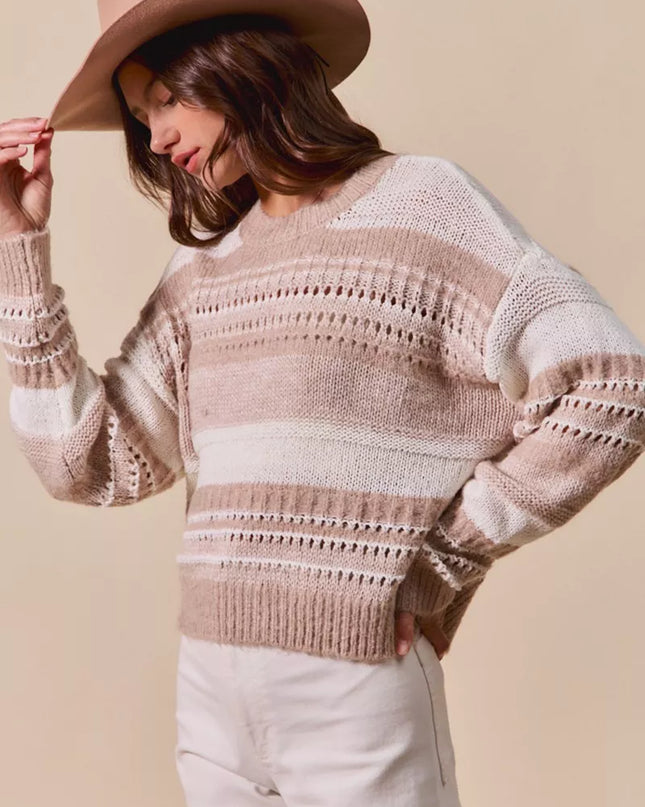 SO ME Variegated Stripe Textured Loose Fit Sweater - Sleekdenim.com