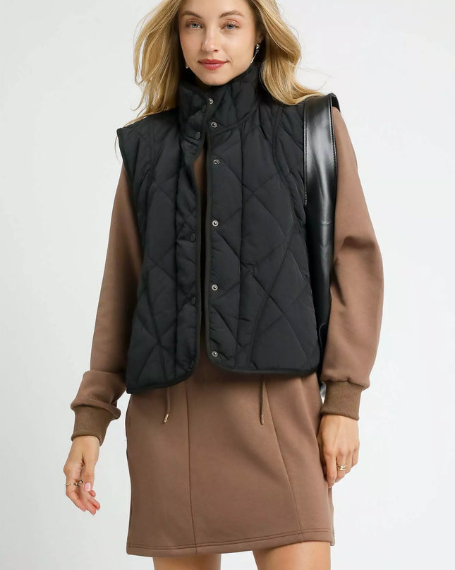 Umgee Quilted Snap-Front Puffer Vest - Sleekdenim.com