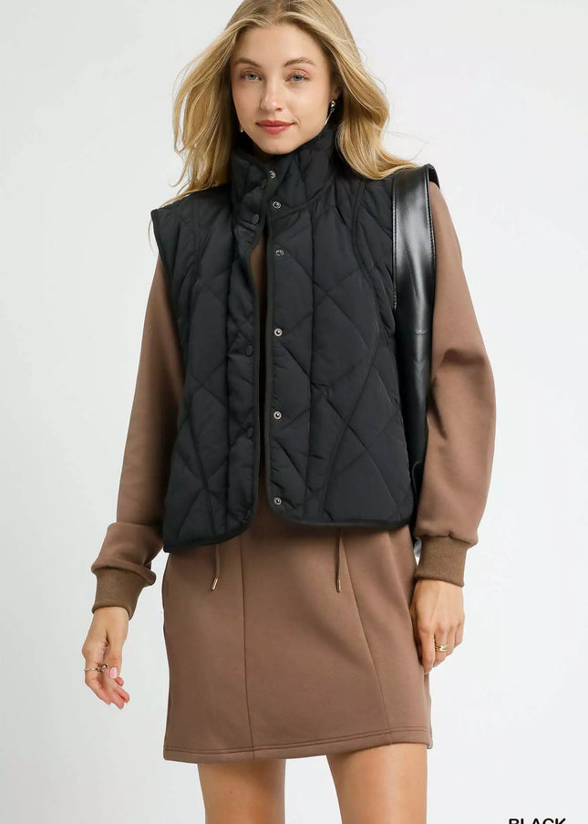Umgee Quilted Snap-Front Puffer Vest - Sleekdenim.com