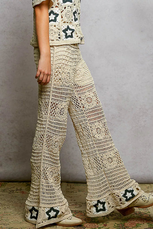 POL Openwork Crochet Flare Pants with Contrast Star - Sleekdenim.com