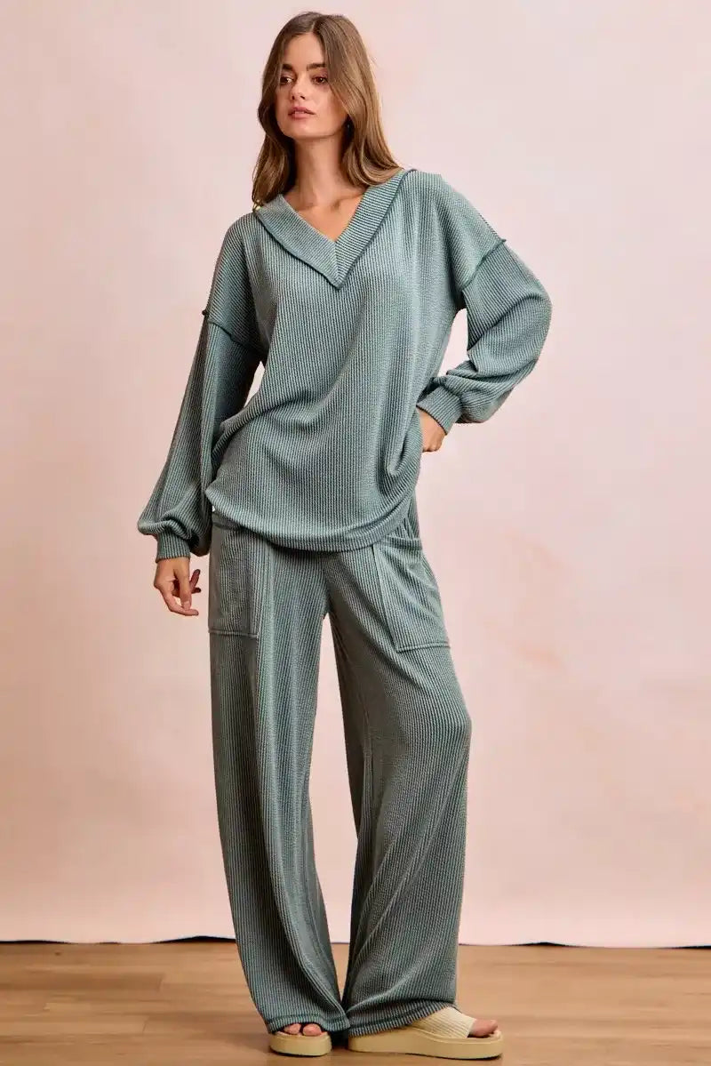 BiBi Two Tone Cord Rib Contrast Stitching V-Neck Top and Pants Set - Sleekdenim.com