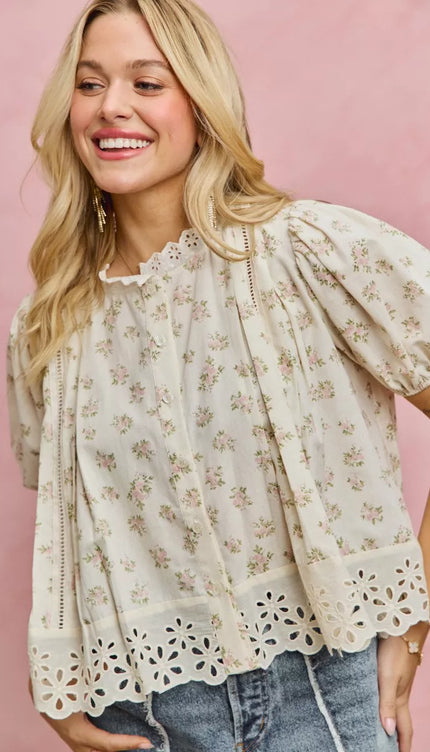SO ME Floral Print Lace Trim Short Sleeves Blouse - Sleekdenim.com