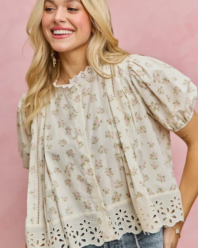 SO ME Floral Print Lace Trim Short Sleeves Blouse - Sleekdenim.com