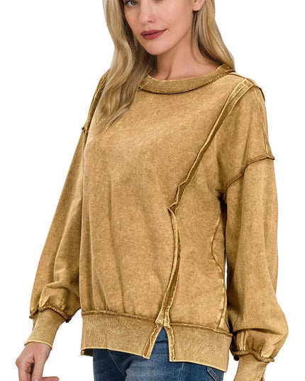 Zenana Acid Wash French Terry Exposed-Seam Sweatshirt - Sleekdenim.com
