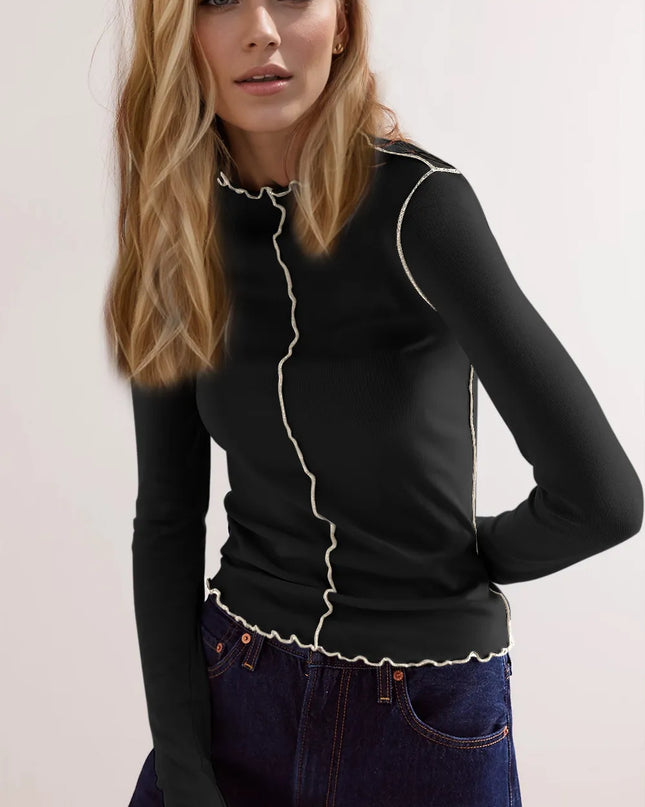 Basic Bae Contrast Trim Mock Neck Long Sleeve T-Shirt - Sleekdenim.com