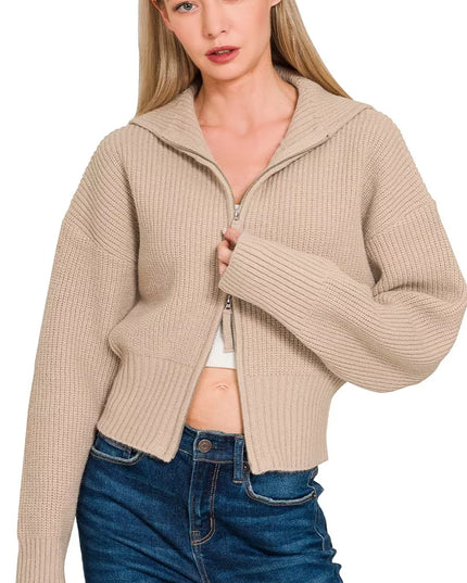 Zenana Ribbed Collared Zip Up Sweater Cardigan - Sleekdenim.com