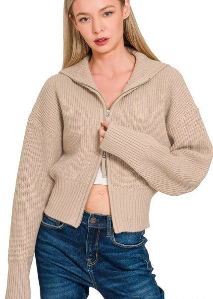 Zenana Ribbed Collared Zip Up Sweater Cardigan - Sleekdenim.com