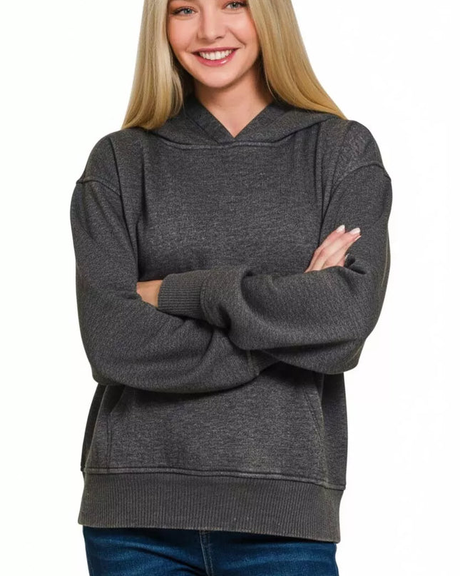 Zenana Fleece Acid Wash Kangaroo Pocket Hoodie - Sleekdenim.com
