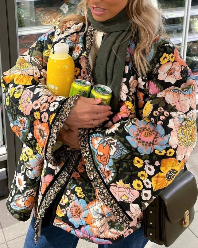 Full Size Floral Print Quilted Sherpa-Lined Jacket Plus Size - Sleekdenim.com