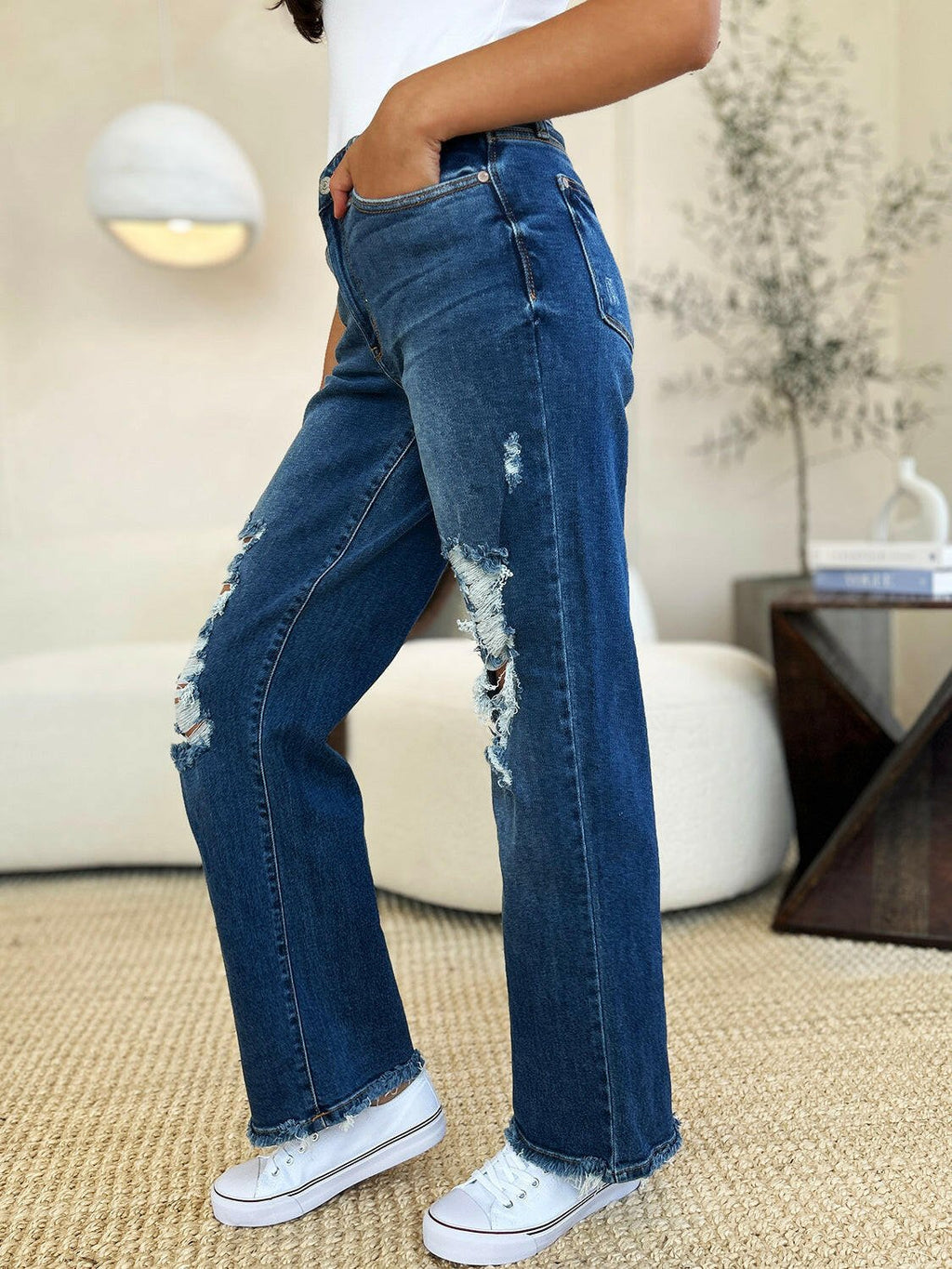 Judy Blue Full Size Mid Rise Distressed Raw Hem Dad Jeans | Sleekdenim.com