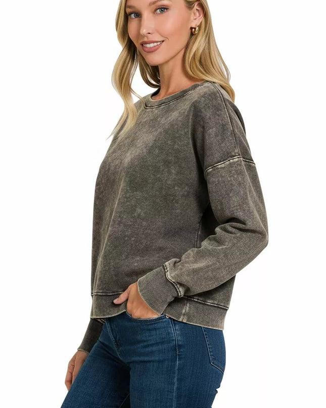 Zenana French Terry Acid Wash Boat Neck Sweatshirt - Sleekdenim.com