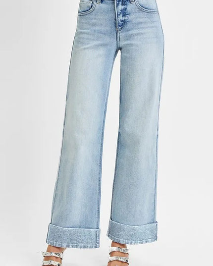 RISEN Full Size Tummy Control High Rise Ankle Wide Cuffed Jeans Plus Size - Sleekdenim.com