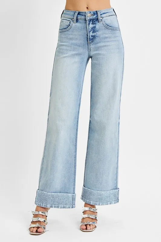 RISEN Full Size Tummy Control High Rise Ankle Wide Cuffed Jeans Plus Size - Sleekdenim.com