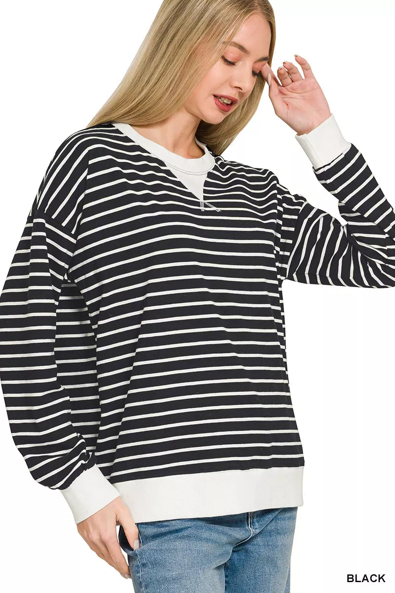 Zenana Contrast Striped Round Neck Sweatshirt - Sleekdenim.com
