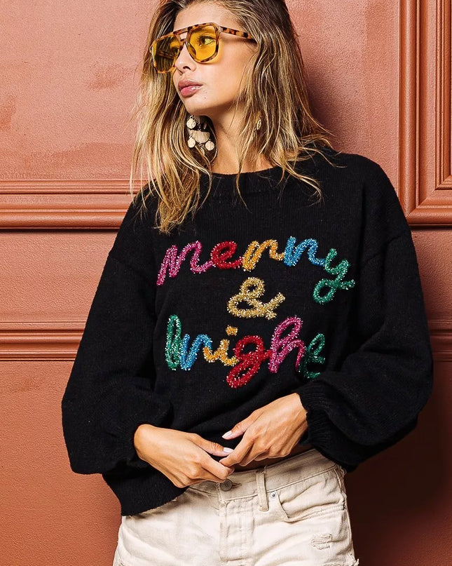 BiBi Tinsel Lettering Christmas Sweater - Sleekdenim.com