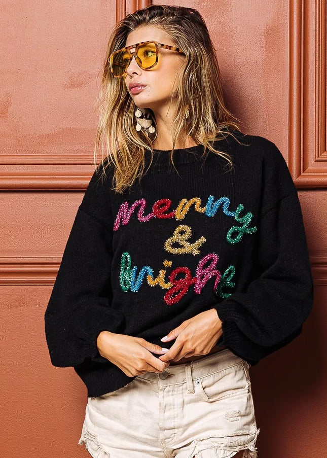 BiBi Tinsel Lettering Christmas Sweater - Sleekdenim.com