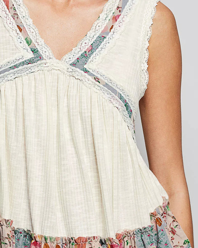 POL Lace Detail Ruffled Ribbed Sleeveless Top with Floral Pattern Trim Detail - Sleekdenim.com