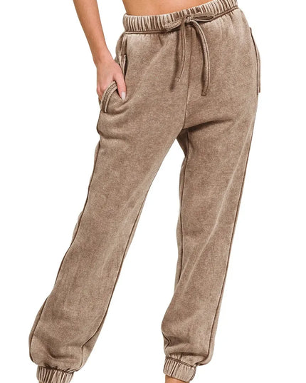 Zenana Acid Wash Fleece Sweatpants with Pockets - Sleekdenim.com