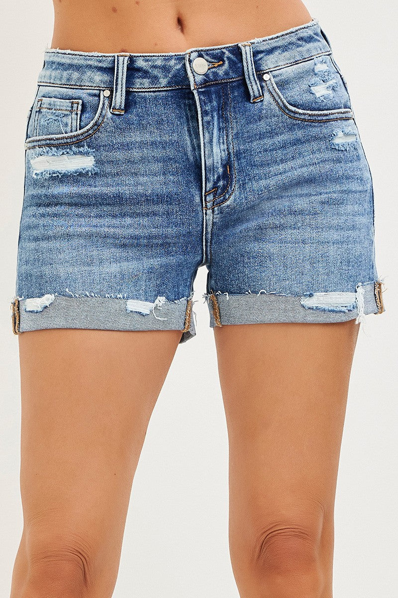 RISEN Mid Rise Cuffed Distressed Denim Shorts #RDS6282