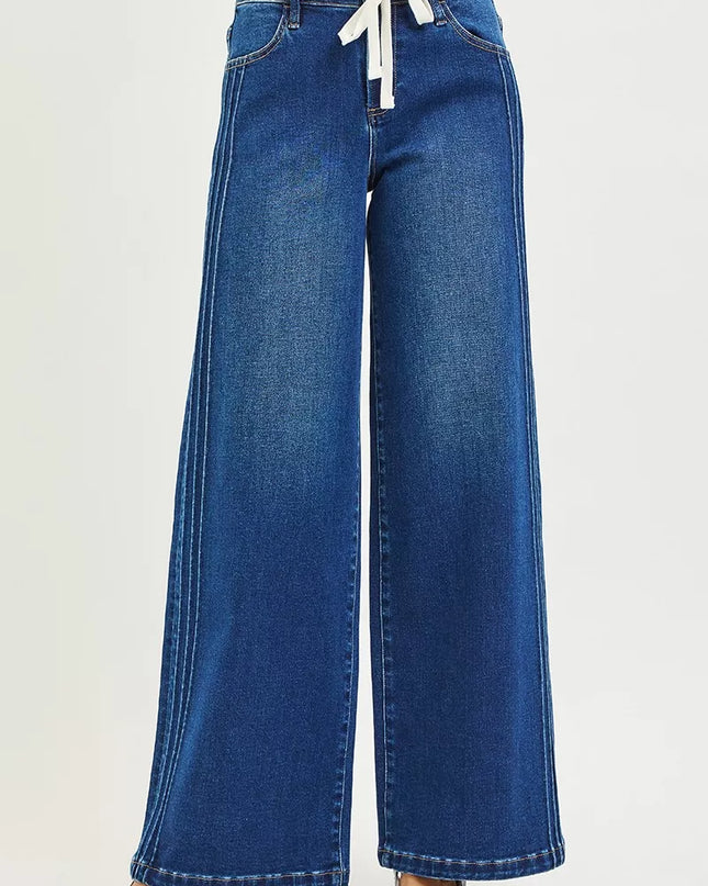 RISEN Full Size Mid Rise Wide Side Pintuck Jeans with Front Drawstring Plus Size - Sleekdenim.com