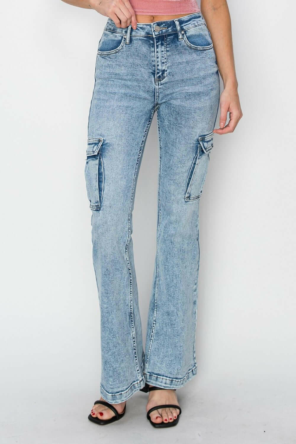 RISEN Full Size High Rise Cargo Flare Jeans.