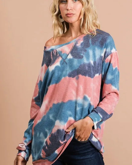 BiBi Tie Dye French Terry Pull Over with Front Stitching Detail - Sleekdenim.com