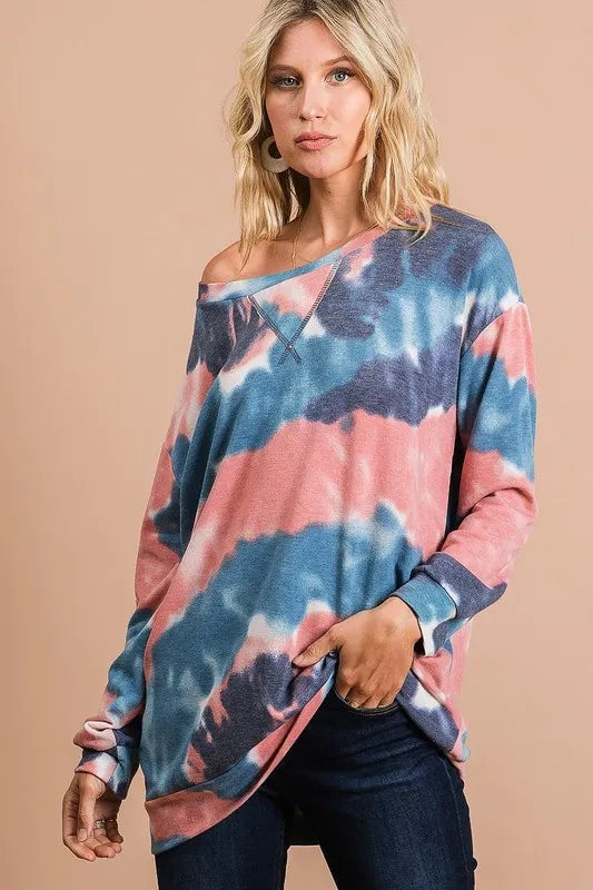 BiBi Tie Dye French Terry Pull Over with Front Stitching Detail - Sleekdenim.com