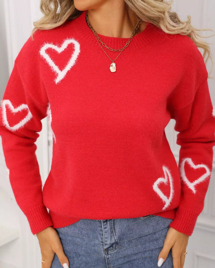 Valentine's Day Heart Print Crew Neck Sweater - Sleekdenim.com