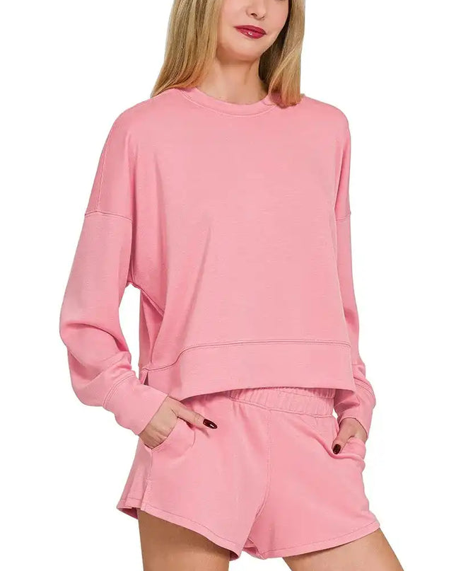Zenana Scuba Long Sleeve Sweatshirts & Shorts Set - Sleekdenim.com