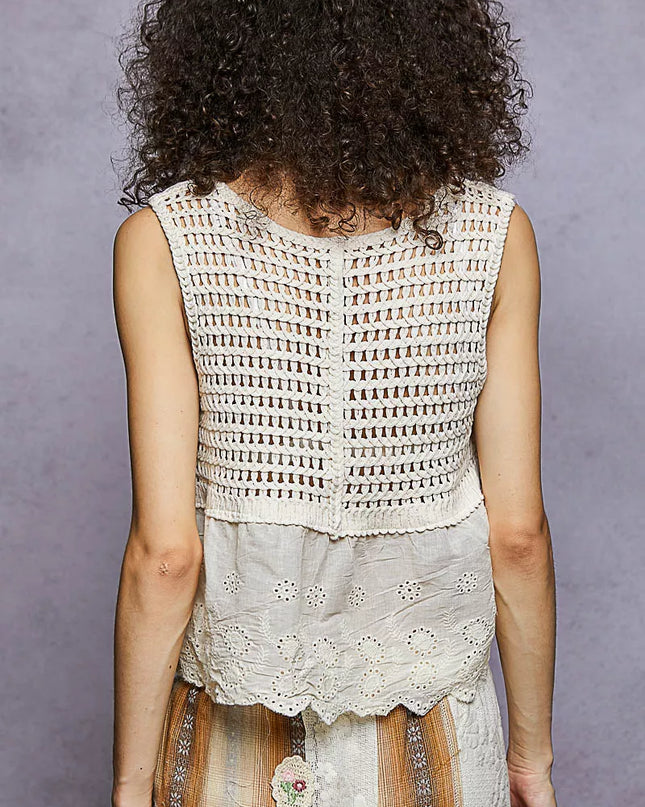 POL Sleeveless Flowy Fit Crochet Top with Scalloped Border Accents - Sleekdenim.com