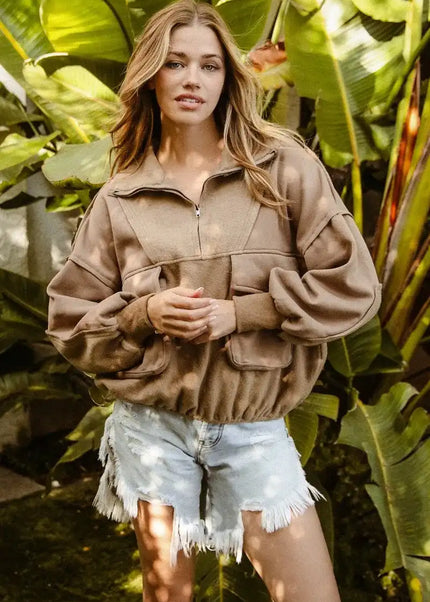 BiBi Half Zip Vintage Washed Fleece Pullover - Sleekdenim.com