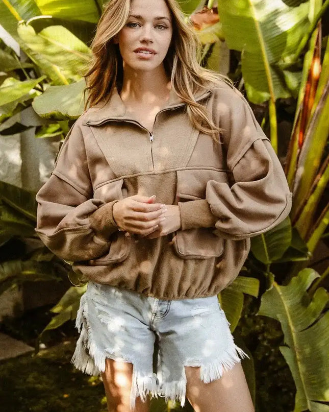 BiBi Half Zip Vintage Washed Fleece Pullover - Sleekdenim.com